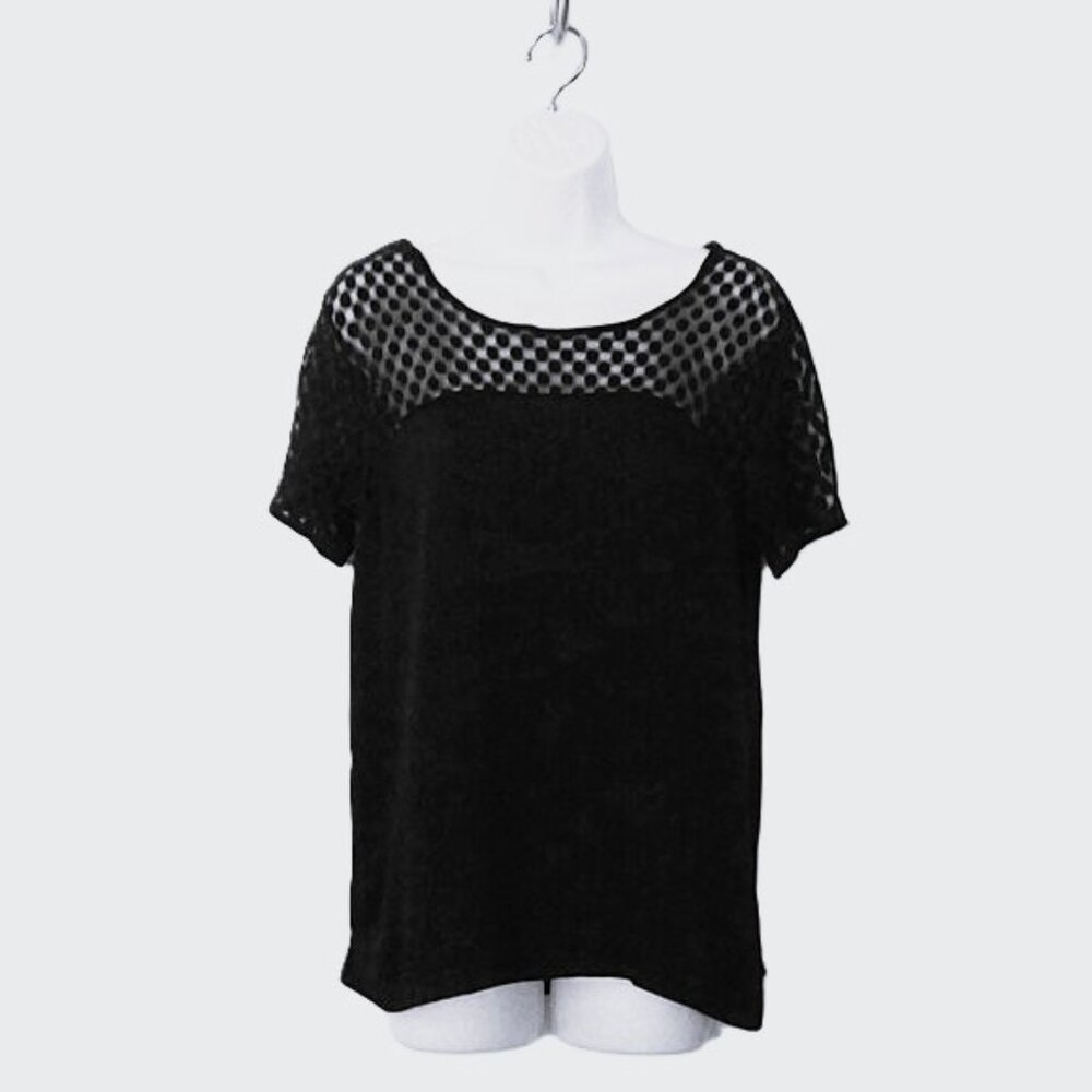 H&M Black Top Pullover Stretch Mesh Polka Dot Lace Trim Short Sleeve  EUC Sz M